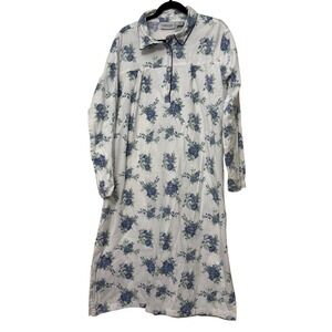 Country Store Womens XL Cotton Flannel Nightgown Blue Rose Floral Long Sleeve